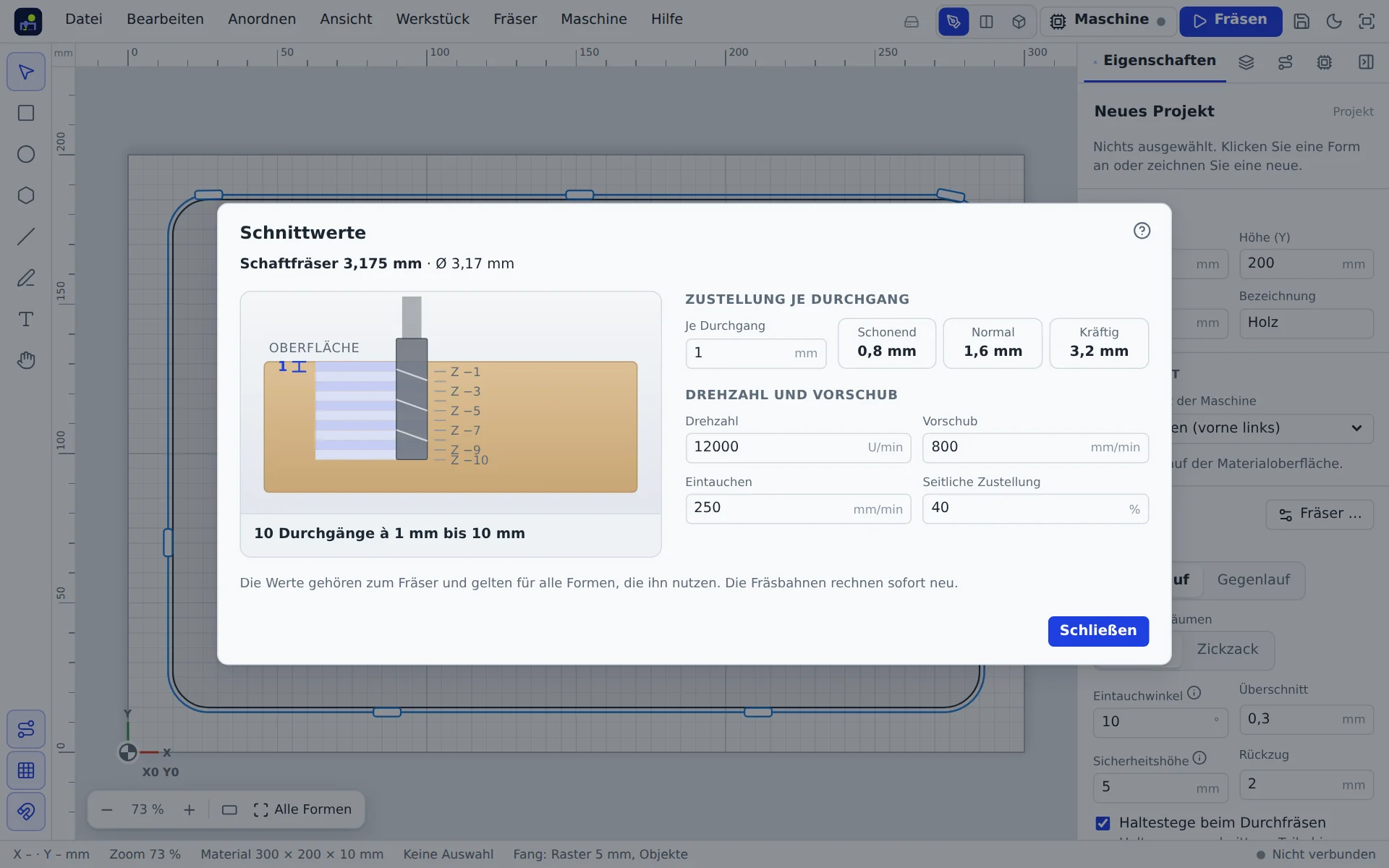 Cutting data window with cross-section
