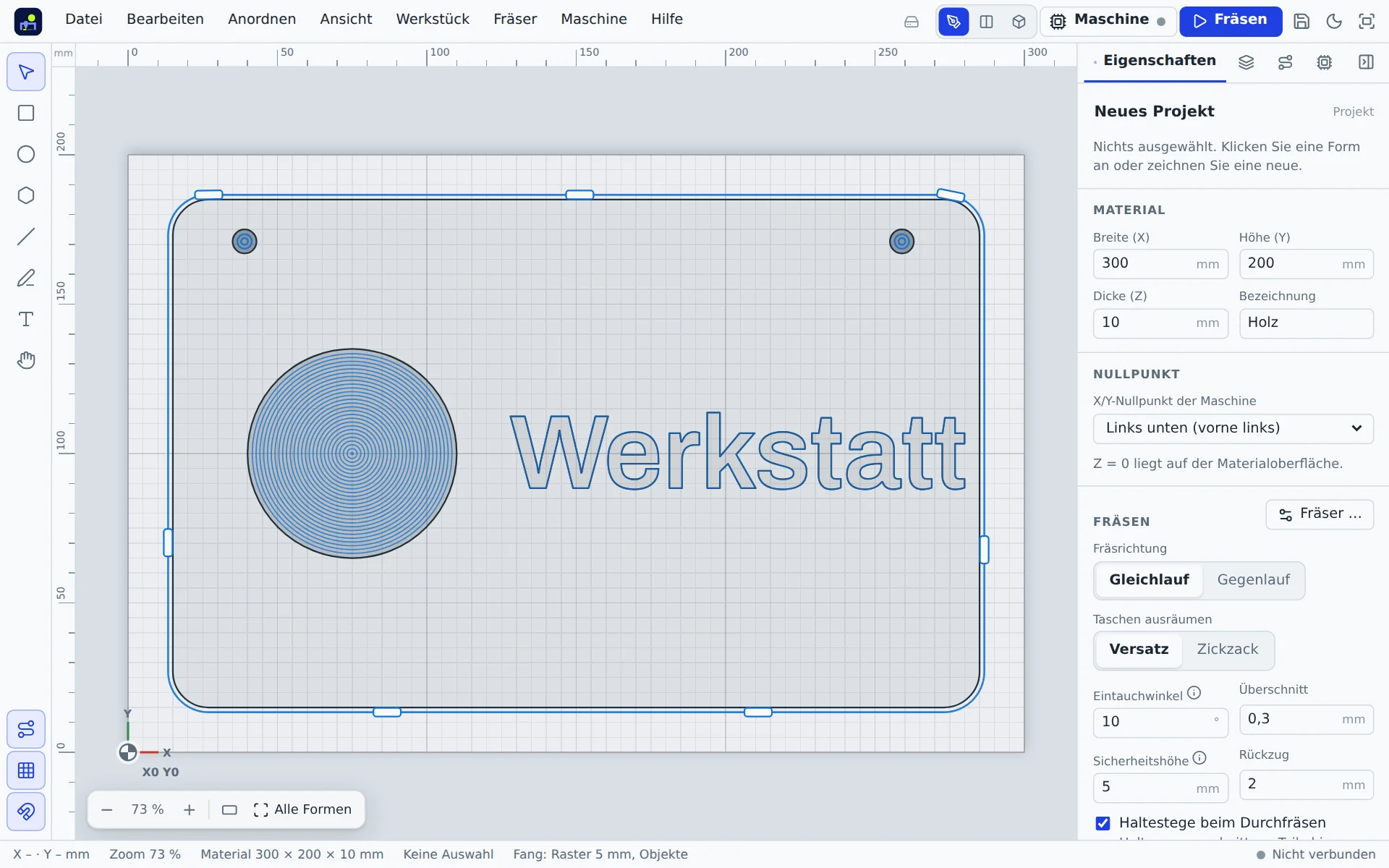 Oberfläche von CNC.myWerkzeug.de mit Zeichnung, Fräsbahnen und Steuerfenster